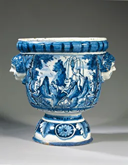 Delft blue and white two-handled mythological pedestal garden urn, 1701-22 (ceramic) Delft blue and white two-handled mythological pedestal garden urn, 1701-22 (ceramic)