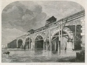 The demolition of Old Westminster Bridge (engraving) The demolition of Old Westminster Bridge (engraving)