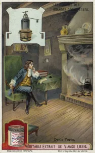 Denis Papin and the pressure cooker (chromolitho) Denis Papin and the pressure cooker (chromolitho)