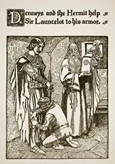 Denneys and the Hermit help Sir Launcelot to his armor, illustration from '