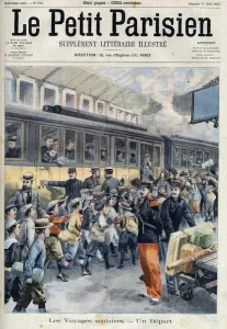 Departed at the station on a school trip. The kids get on the train Departed at the station on a school trip. The kids get on the train