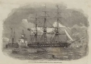 Troopships Gallery: Departure from Gravesend of Troops for India (engraving)