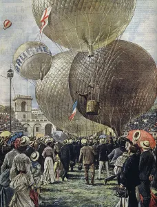 Departure of hot air balloon at Milan Air Show, illustration by Achille Beltrame from La Departure of hot air balloon at Milan Air Show, illustration by Achille Beltrame from La