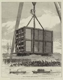 The Departure of Jumbo, hoisting his Box from the Barge to the Quay at Millwall Docks (engraving)