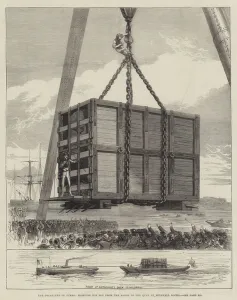 The Departure of Jumbo, hoisting his Box from the Barge to the Quay at Millwall Docks (engraving) The Departure of Jumbo, hoisting his Box from the Barge to the Quay at Millwall Docks (engraving)