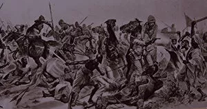 Omdurman Collection: Dervish warriors at Omdurman, Charge of the 21st Lancers (litho)