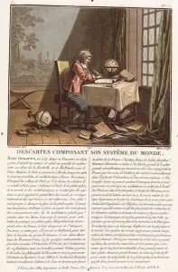 Descartes Composing His World System, c.1786-1792 (colour aquatint) Descartes Composing His World System, c.1786-1792 (colour aquatint)