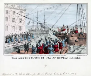 The destruction of tea at Boston Harbor, pub, 1846 (hand-coloured engraving) The destruction of tea at Boston Harbor, pub, 1846 (hand-coloured engraving)
