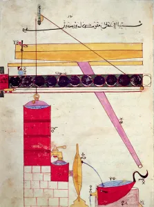 Device for supplying water to a fountain, from Book of Knowledge of Ingenious Device for supplying water to a fountain, from Book of Knowledge of Ingenious