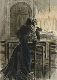 Devotions at church, illustration from La Femme a Paris by Octave Uzanne (1851-1931) 1894 (colour engraving)