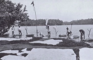 Dhobies, Washermen at Work, an effective but destructive method of washing clothes (b / w photo)