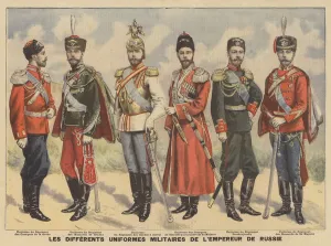 Different military uniforms worn by the Russian tsar (colour litho) Different military uniforms worn by the Russian tsar (colour litho)