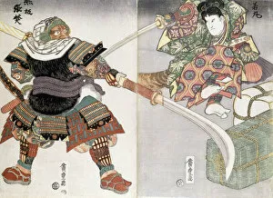 Diptych of a sword fight, 19th century (woodblock print)