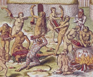 Dismembering and cooking an enemy, from Americae Tertia Pars Dismembering and cooking an enemy, from Americae Tertia Pars