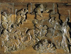 Firewood Gallery: Dispute between monks and Jews, with the burning of heretical books (wood bas-relief)