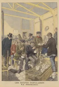 Distributing soup in a soup kitchen (colour litho) Distributing soup in a soup kitchen (colour litho)