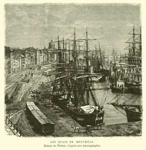 The docks of Montreal, Quebec, Canada (engraving) The docks of Montreal, Quebec, Canada (engraving)
