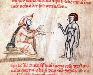 The doctor burns the patient on painful areas with hot irons, 13th century (minniature) The doctor burns the patient on painful areas with hot irons, 13th century (minniature)