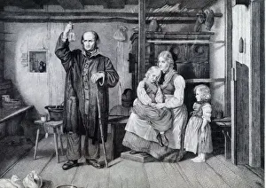 A doctor examining a bottle, probably a urine vial, during a visit to a mother A doctor examining a bottle, probably a urine vial, during a visit to a mother