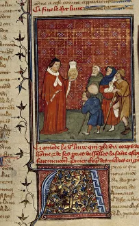 A doctor examining a jar of urine in front of patients. Miniature taken from Barthelemy A doctor examining a jar of urine in front of patients. Miniature taken from Barthelemy
