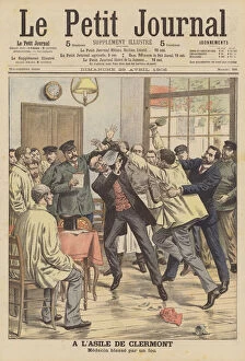 Medical Science Gallery: A doctor injured by a lunatic at the asylum of Clermont, France (colour litho)