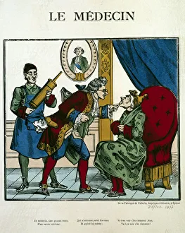 Doctor Scene representing a doctor examining a patient, his assistant behind him holds a Doctor Scene representing a doctor examining a patient, his assistant behind him holds a