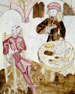 A doctor visiting a patient (miniature, 15th century) A doctor visiting a patient (miniature, 15th century)