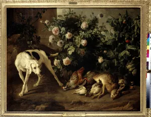Dog keeping game near a bush of roses Painting by Francois Desportes (1661-1743) 1724 Sun Dog keeping game near a bush of roses Painting by Francois Desportes (1661-1743) 1724 Sun