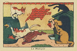Panic Gallery: A dog scares off other animals with his mask.' The Mask', 1936 (illustration)