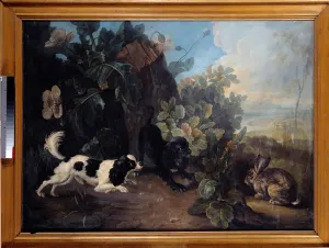 Two Dogs and a Rabbit Painting by Nicolas Desportes dit le Nepheu (1718-1787) 1757 Sun Two Dogs and a Rabbit Painting by Nicolas Desportes dit le Nepheu (1718-1787) 1757 Sun