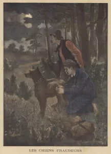 Dogs used by smugglers to carry contrabrand across the border (colour litho) Dogs used by smugglers to carry contrabrand across the border (colour litho)
