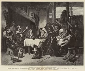 Don Quixote discoursing upon Arms and Letters to the Company at the Inn (engraving)