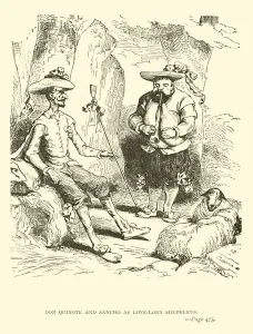 Don Quixote and Sancho as love-lorn shepherds (engraving) Don Quixote and Sancho as love-lorn shepherds (engraving)