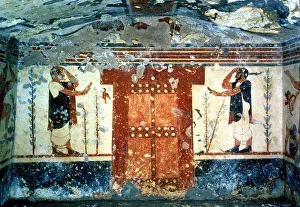 A door flanked by two guards, from the Tomb of the Augurs, 5th century BC (mural painting) A door flanked by two guards, from the Tomb of the Augurs, 5th century BC (mural painting)