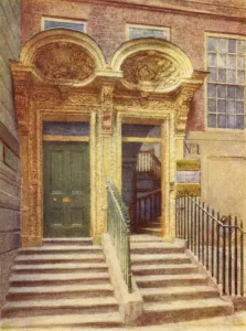 Doorways of Nos 1 and 2 Laurence Poultney Hill, 1895 (colour litho) Doorways of Nos 1 and 2 Laurence Poultney Hill, 1895 (colour litho)