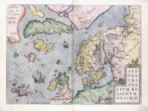 Double-page map of Northern Europe, 1575 (colour engraving) Double-page map of Northern Europe, 1575 (colour engraving)