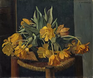 Double Yellow Tulips on a Wicker Chair, 1923 (oil on canvas)