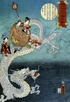 Dragon and Japanese in traditional costume - Japanese print by Kounisoda Dragon and Japanese in traditional costume - Japanese print by Kounisoda