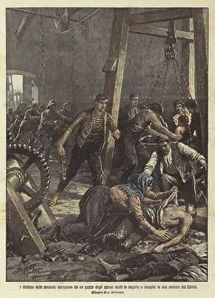 Striker Gallery: The drama of mining, extraction from a well of workers who died after an explosion in a Welsh mine (colour litho)