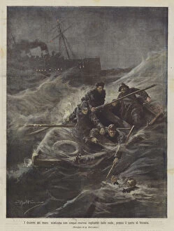 The dramas of the sea, a lifeboat with five sailors swallowed by the waves, at the port of Venice (colour litho)