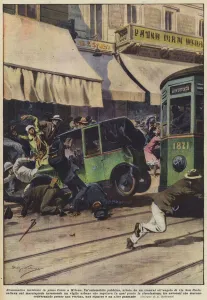 Car Motor Gallery: Dramatic accident in the middle of the course in Milan (colour litho)
