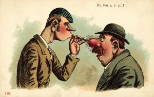 One drunk sucking alcohol via a straw from another drunk's red nose (colour litho) One drunk sucking alcohol via a straw from another drunk's red nose (colour litho)