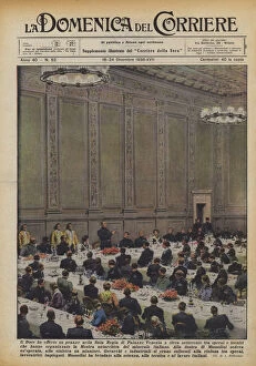 The Duce offered a lunch in the Royal Room of Palazzo Venezia to about seven hundred workers... (colour litho)