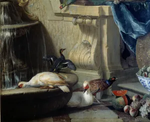 Ducks, pheasant, fruit near a fountain Detail. painting by Francois Desportes (1661-1743 Ducks, pheasant, fruit near a fountain Detail. painting by Francois Desportes (1661-1743