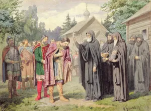 Duke Dimitry and St. Sergy at Redonezh before Battle with Tartars, 1880 (w/c on paper) Duke Dimitry and St. Sergy at Redonezh before Battle with Tartars, 1880 (w/c on paper)