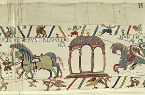 Needlework Gallery: Duke William's messangers arrive at Beaurain Castle, Bayeux Tapestry (wool embroidery on linen)