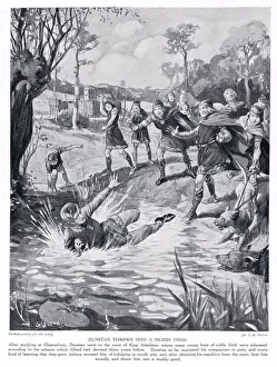 Dunstan thrown into a muddy pond, 1920's (litho) Dunstan thrown into a muddy pond, 1920's (litho)
