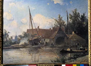 Dutch Landscape with a Big Boat Caulking Painting by Jean Barthold Jongkind (1819-1891 Dutch Landscape with a Big Boat Caulking Painting by Jean Barthold Jongkind (1819-1891