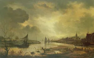 Dutch Town on a River by Moonlight (oil on panel) Dutch Town on a River by Moonlight (oil on panel)