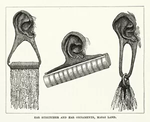 Ear Stretcher and Ear Ornaments, Masai Land (engraving)